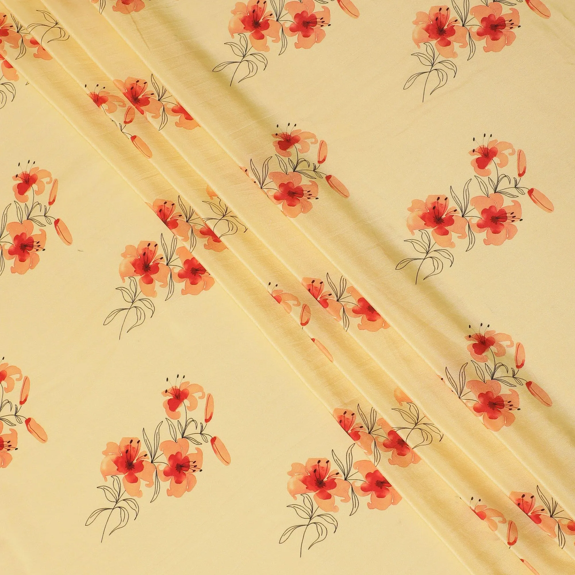 Honey yellow Premium pure silk crepe fabric with peach, orange and black print in floral design-D13852