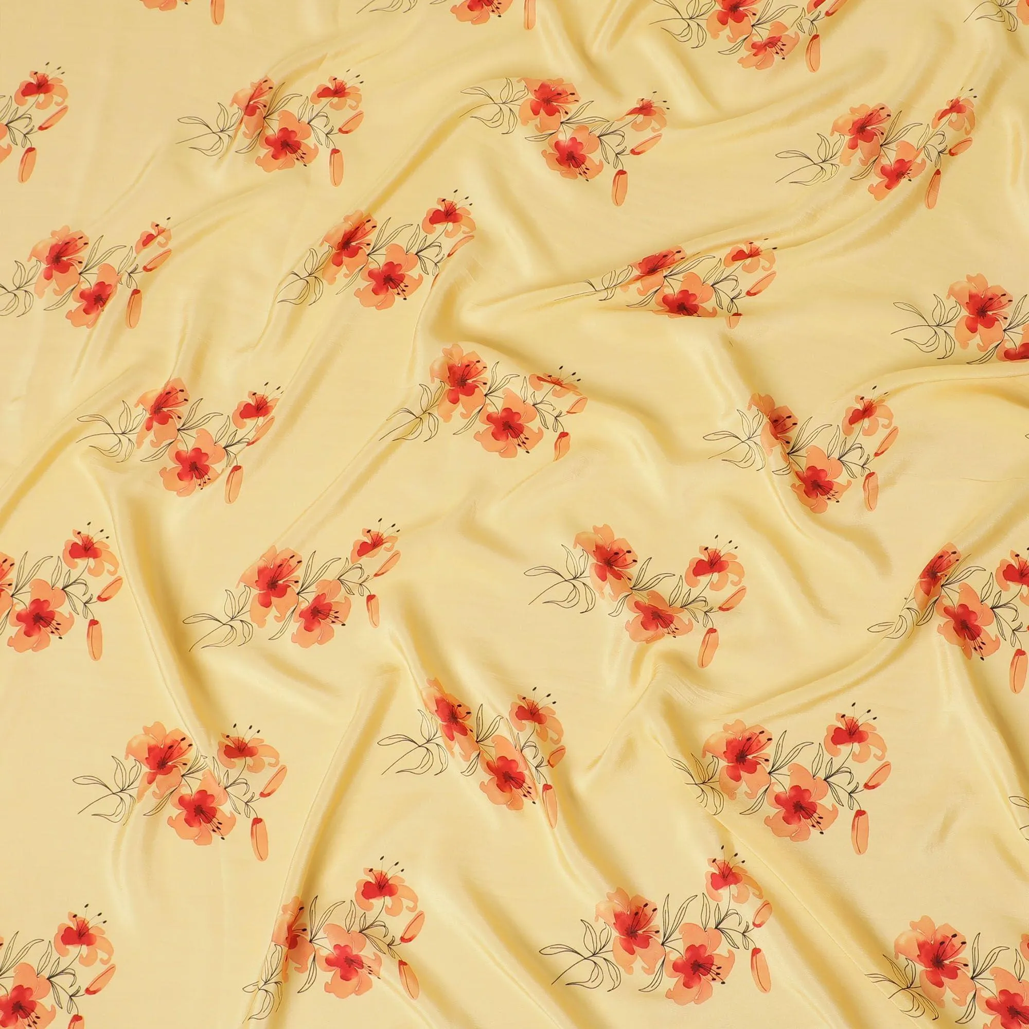 Honey yellow Premium pure silk crepe fabric with peach, orange and black print in floral design-D13852