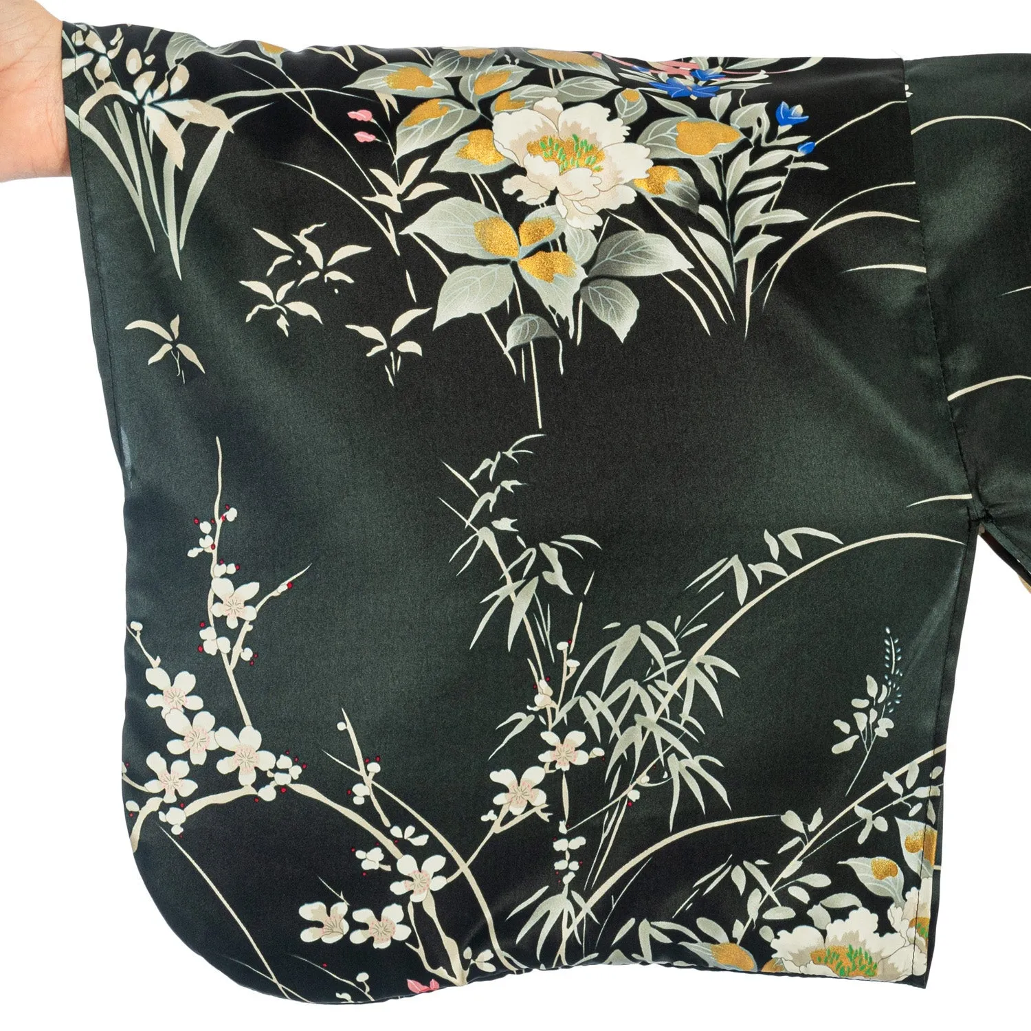 Japanese Silk Kimono Floral Print Long Black XL