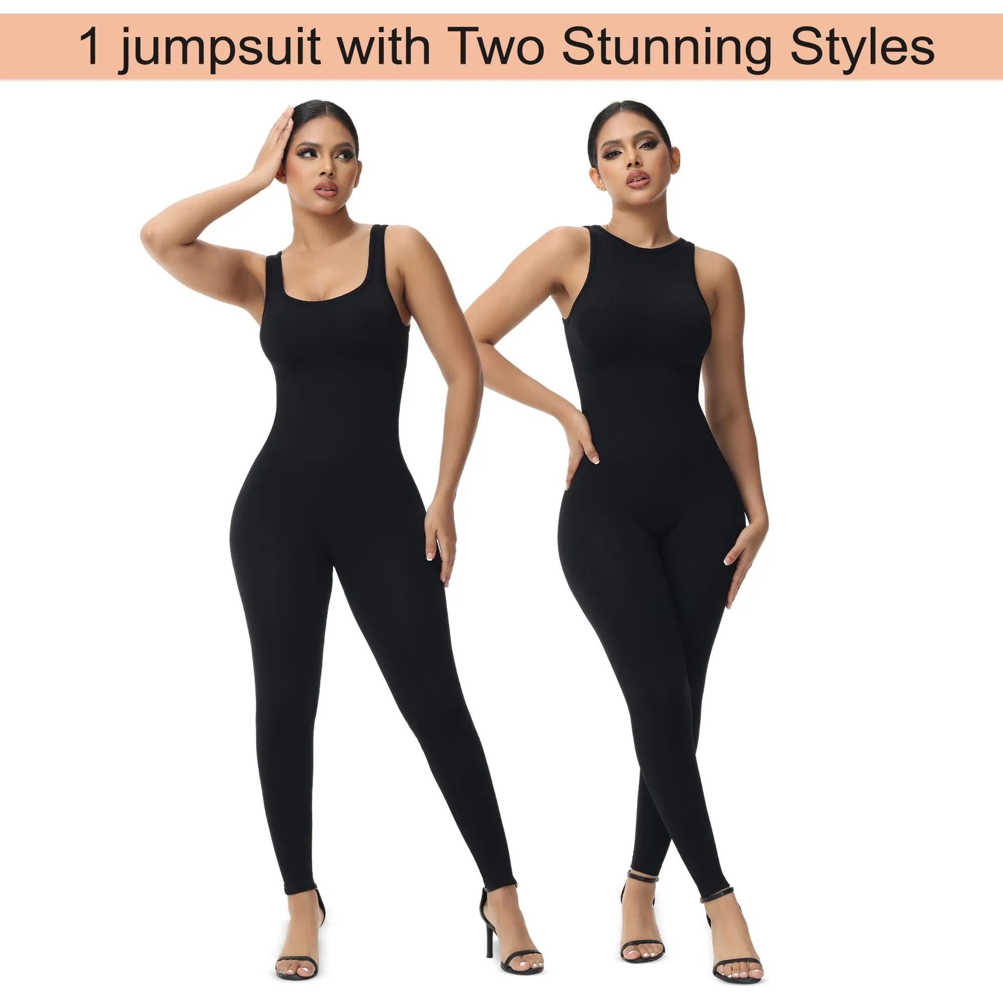 Jumpsuit for Women -  Reversible Neckline High Neck and Square Neck One Piece Tank Tops Bodycon Sleeveless Jumpsuit