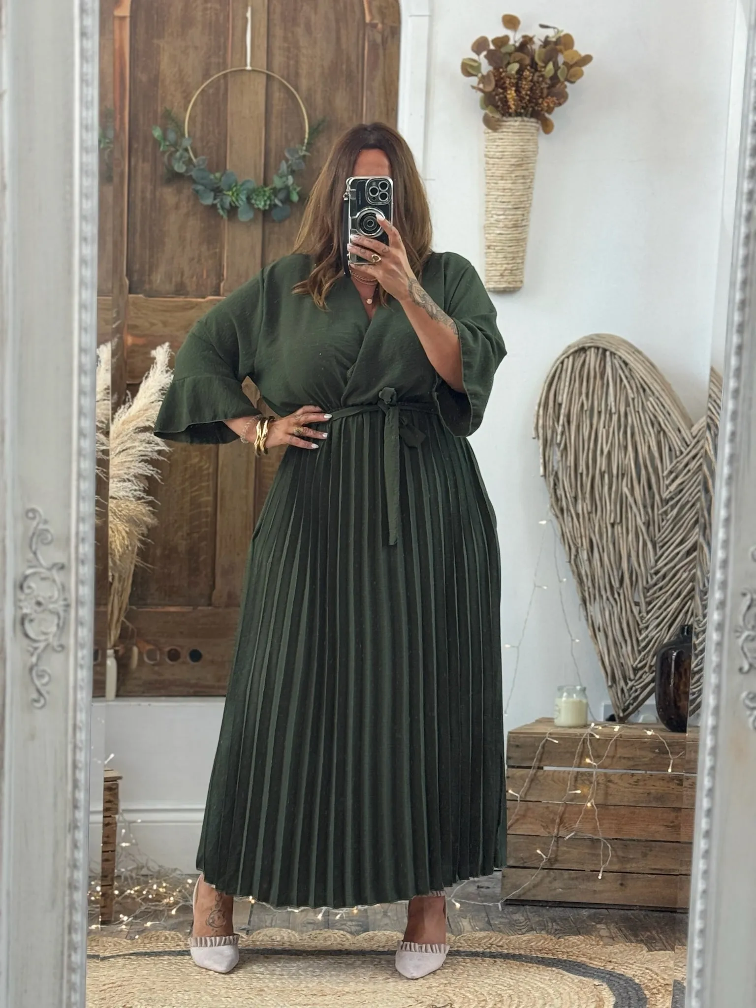 Khaki Rowan Pleated Midaxi Dress