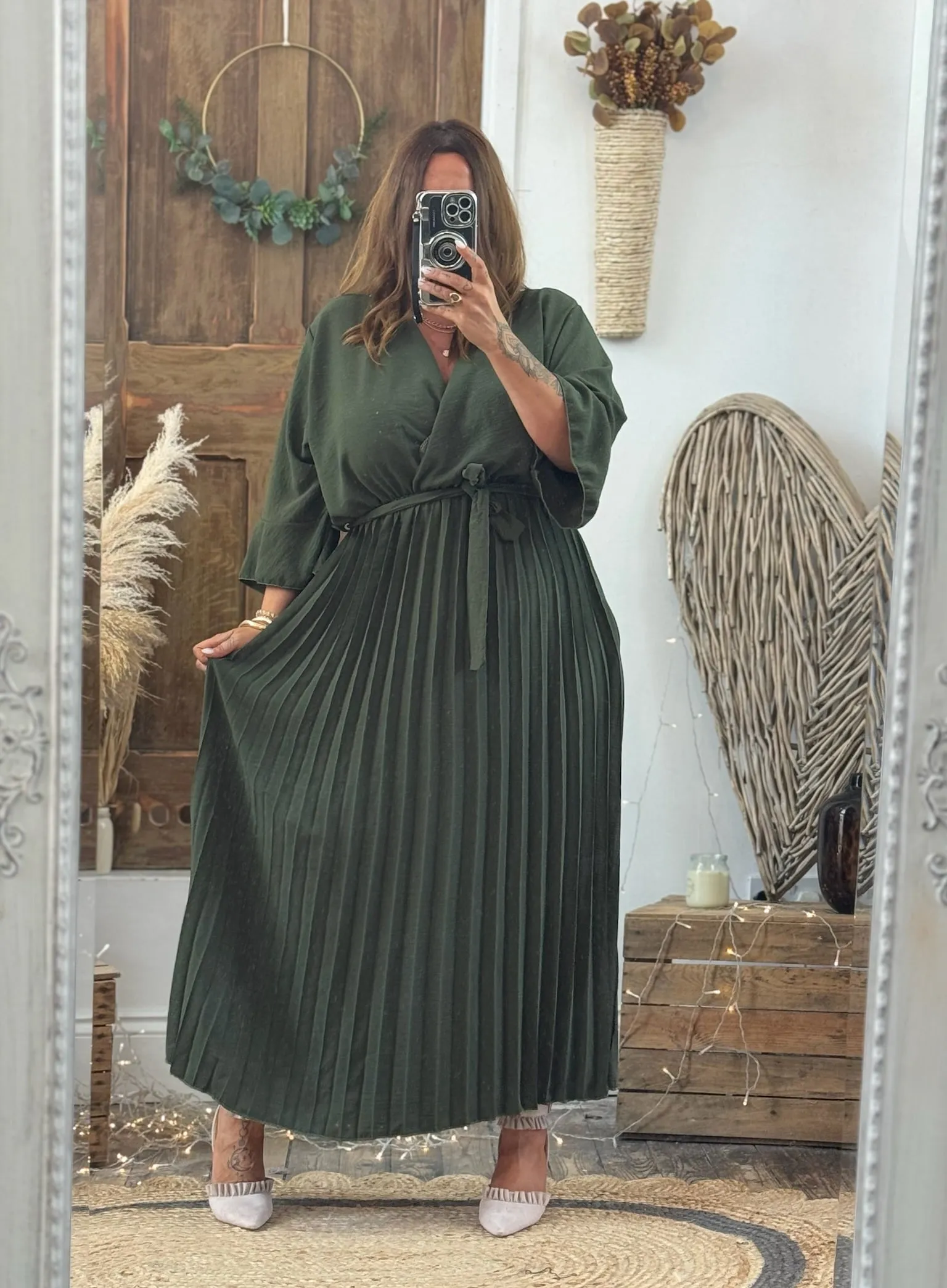 Khaki Rowan Pleated Midaxi Dress