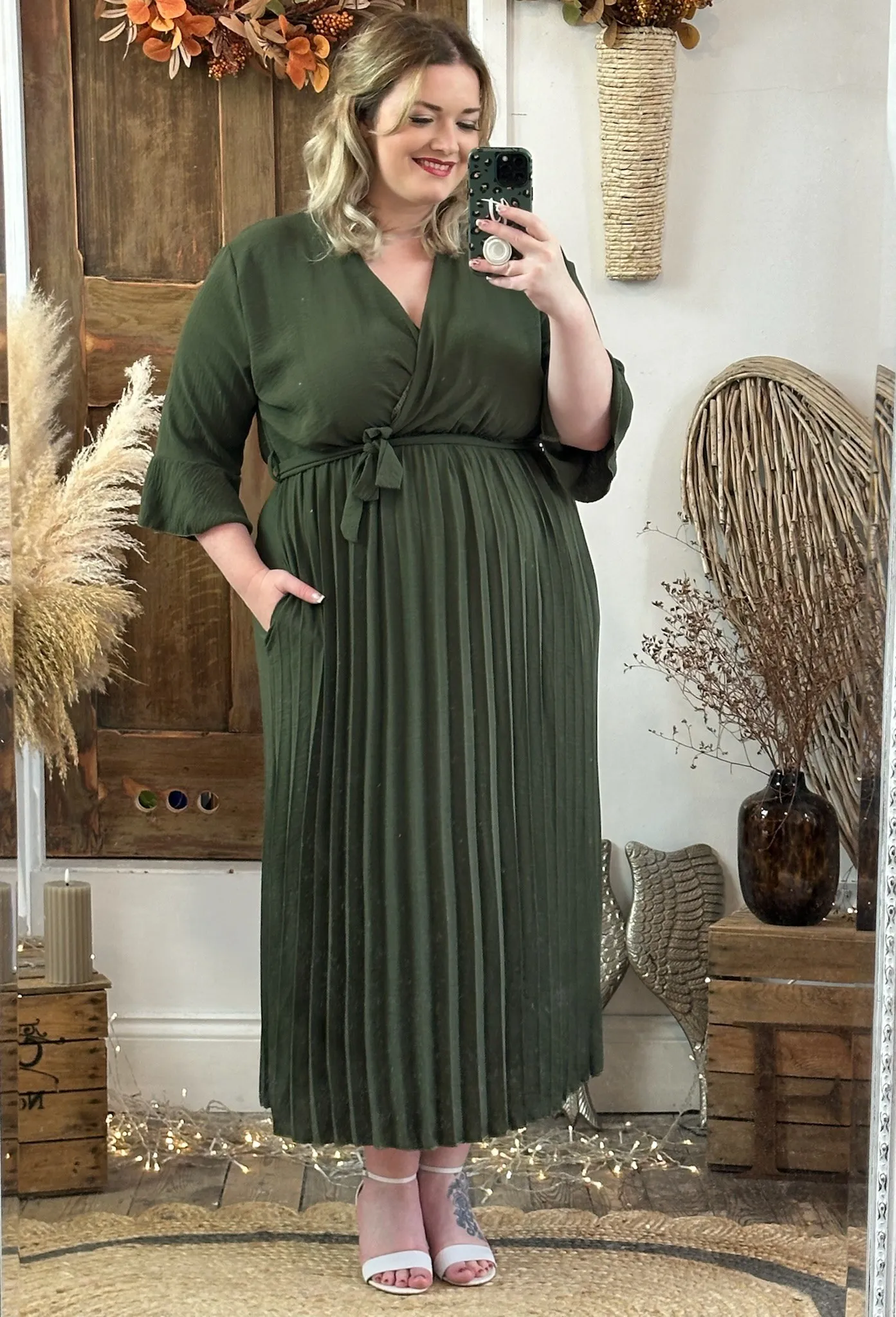 Khaki Rowan Pleated Midaxi Dress