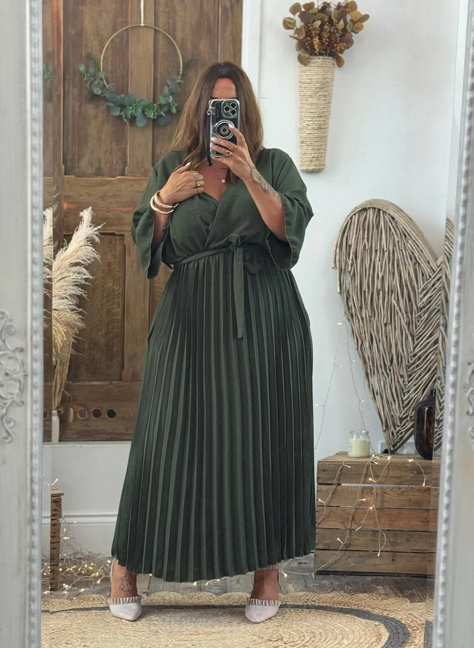 Khaki Rowan Pleated Midaxi Dress