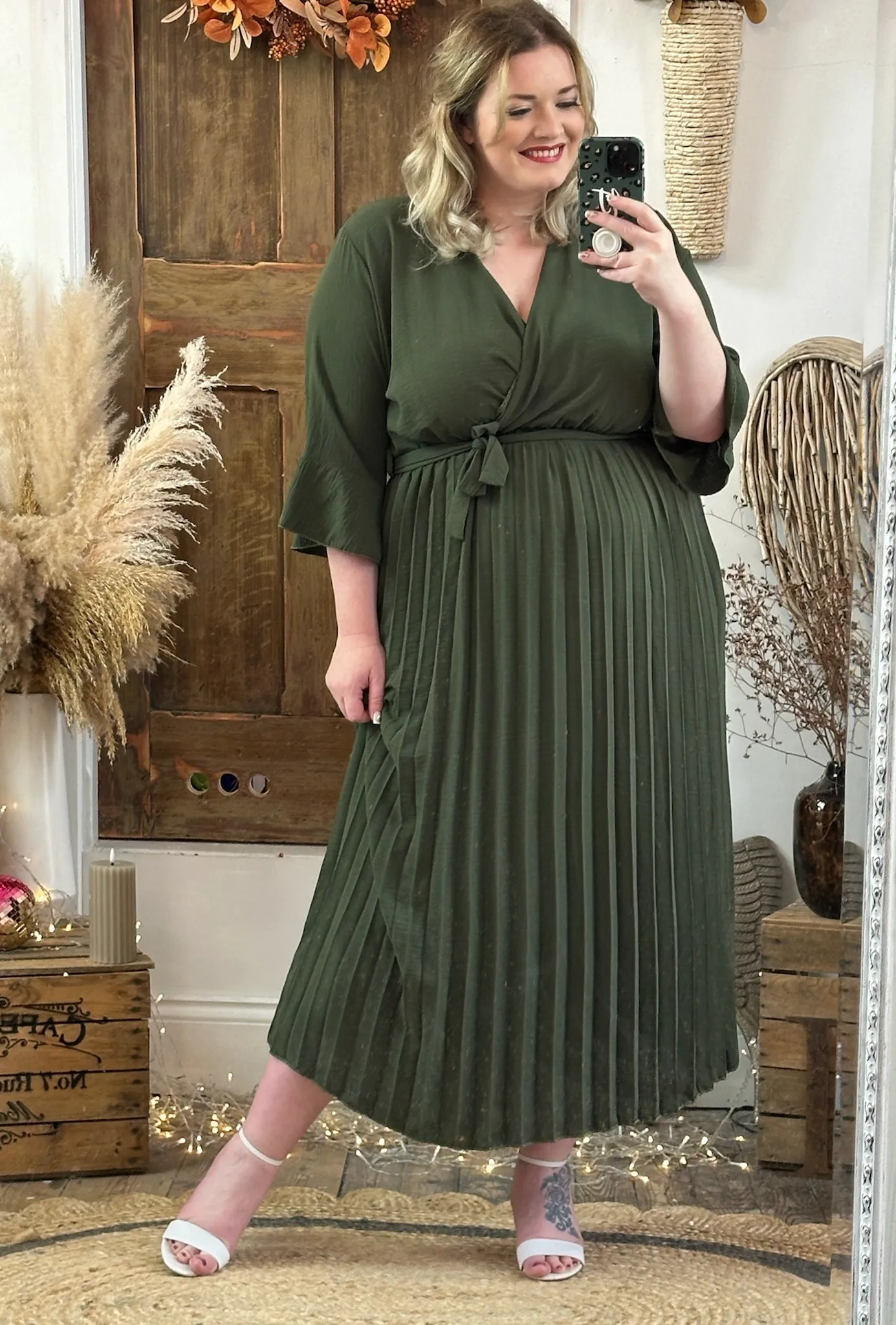 Khaki Rowan Pleated Midaxi Dress