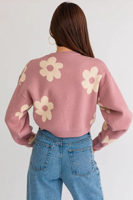 Long Sleeve Crop Sweater with Daisy Pattern