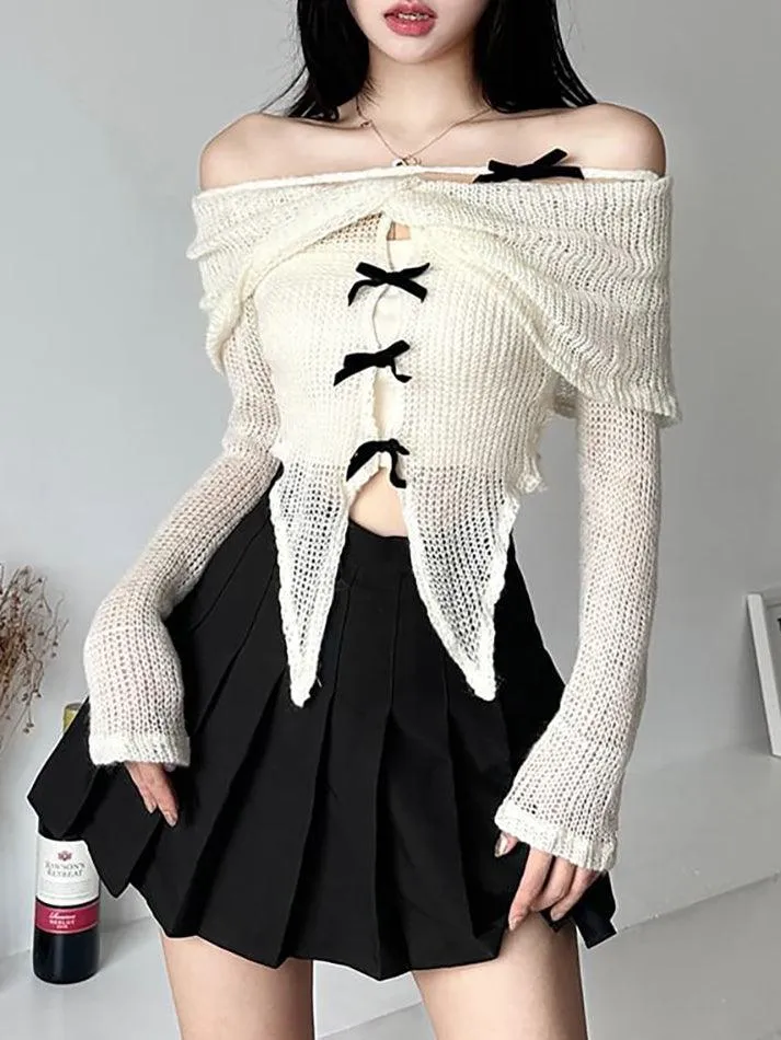 Long-Sleeve Off-Shoulder Plain Asymmetrical Bow Crop Knit Top