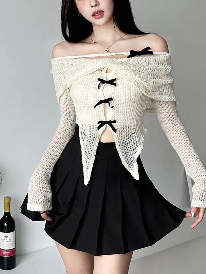 Long-Sleeve Off-Shoulder Plain Asymmetrical Bow Crop Knit Top