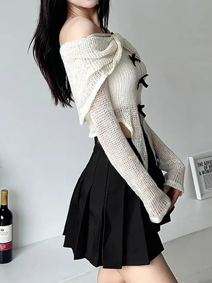 Long-Sleeve Off-Shoulder Plain Asymmetrical Bow Crop Knit Top