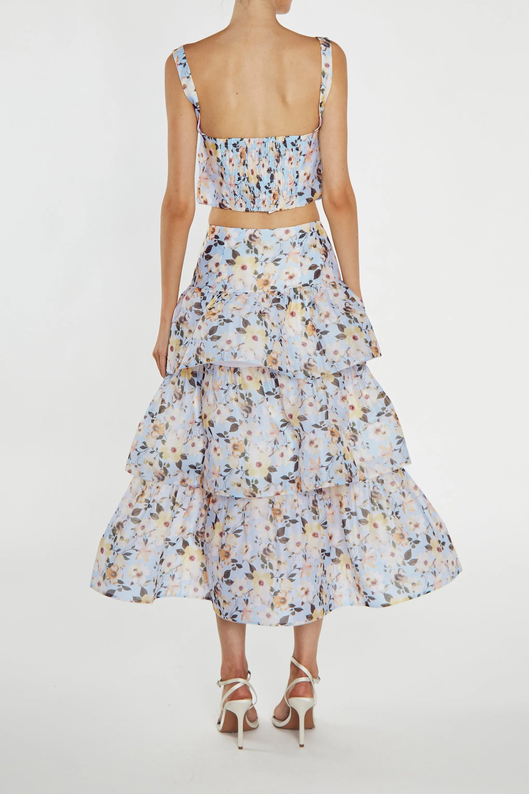 Maisie Co-ord Pale-Blue Flower Organza Tiered Ruffle Midi-Skirt