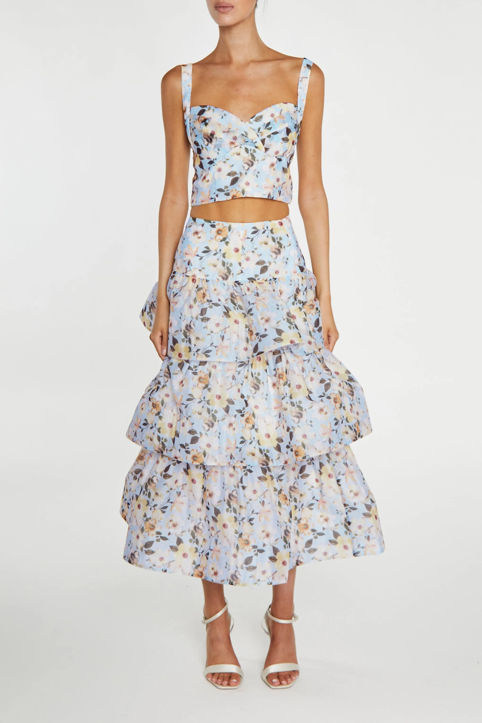 Maisie Co-ord Pale-Blue Flower Organza Tiered Ruffle Midi-Skirt