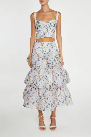 Maisie Co-ord Pale-Blue Flower Organza Tiered Ruffle Midi-Skirt