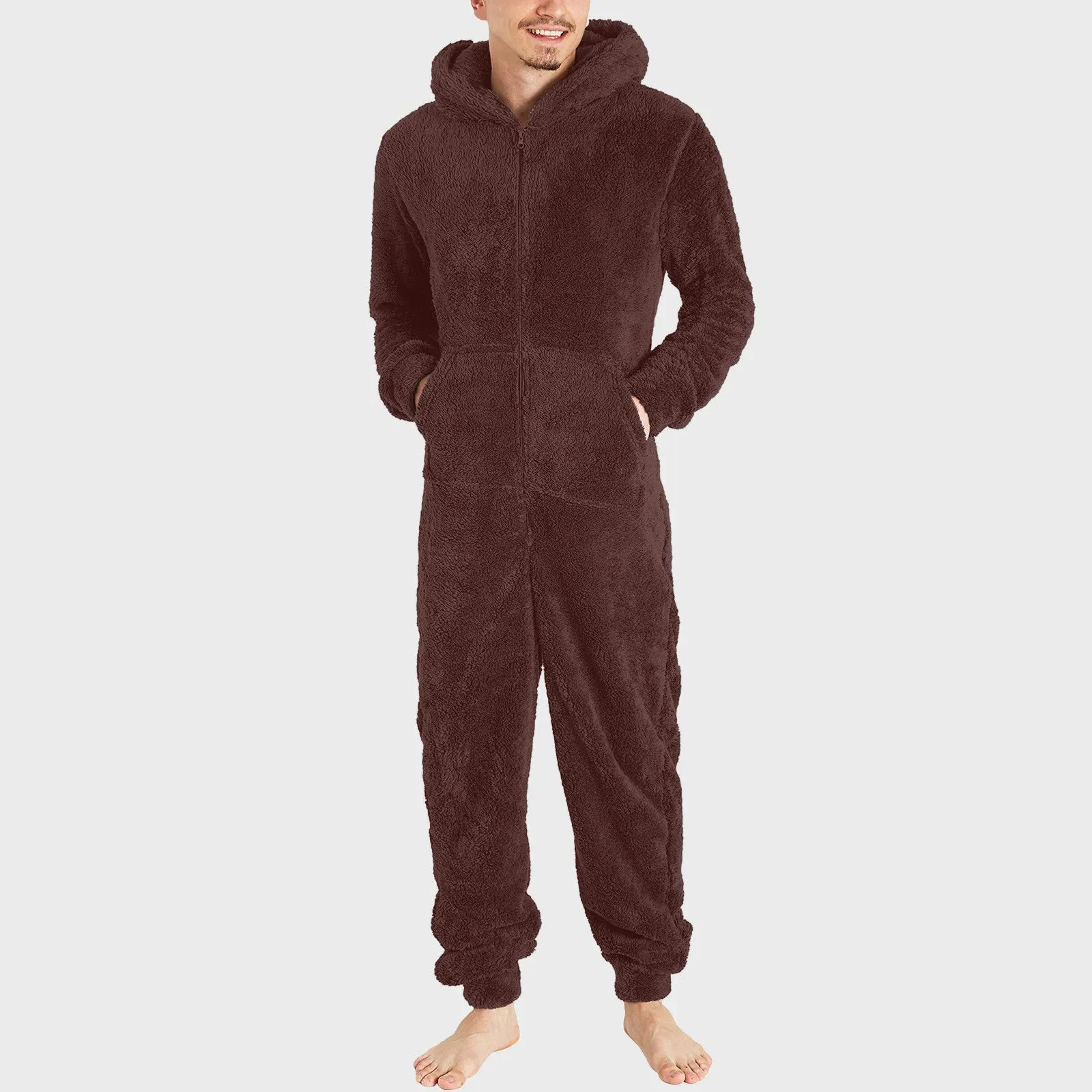 Men Long Sleeve Warm Pajamas Casual Solid Zipper Loose Hooded Jumpsuit Pajama Casual Winter Warm Sleepwear For Man