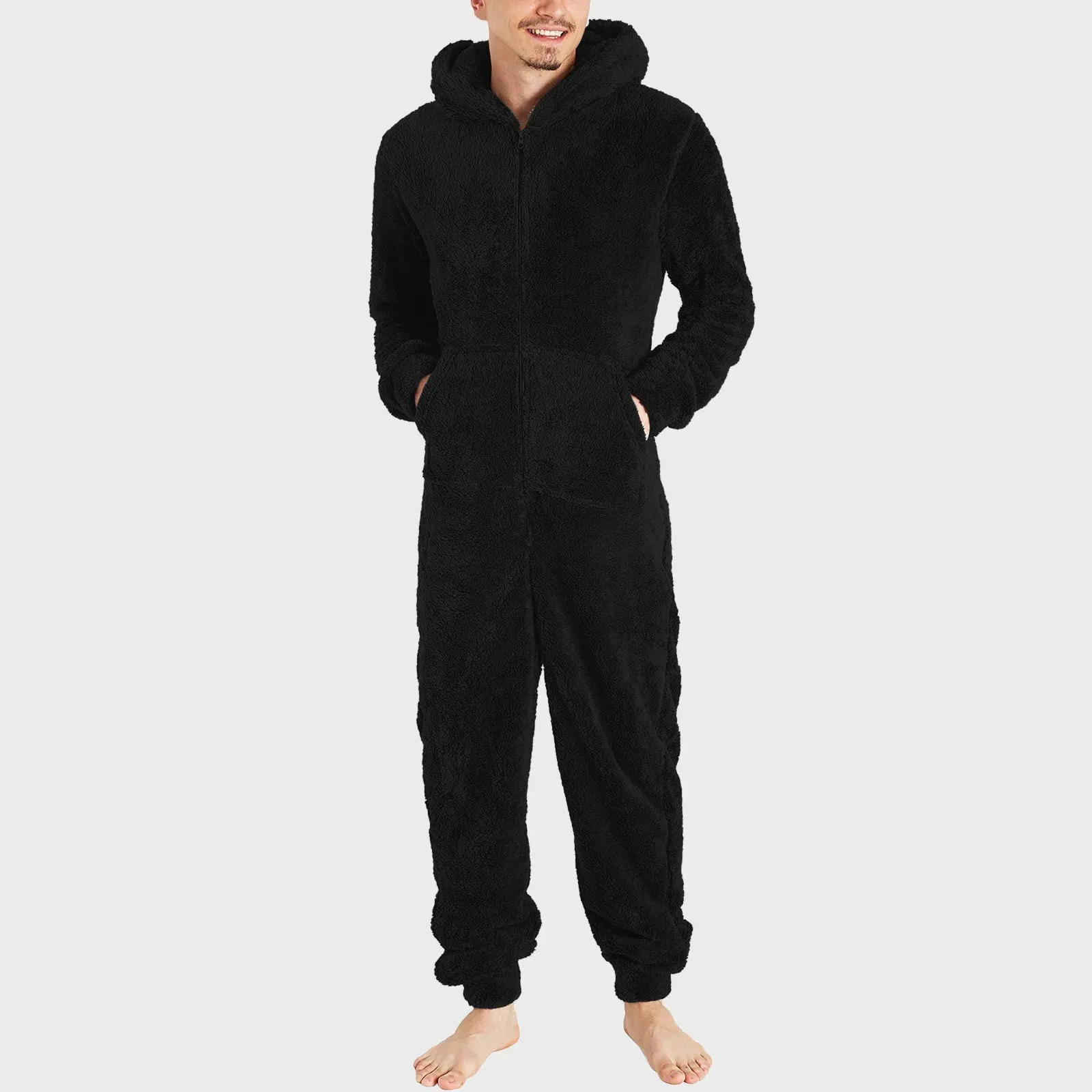 Men Long Sleeve Warm Pajamas Casual Solid Zipper Loose Hooded Jumpsuit Pajama Casual Winter Warm Sleepwear For Man