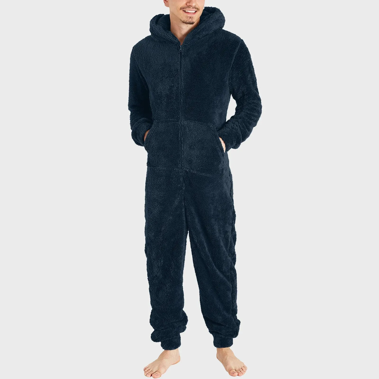 Men Long Sleeve Warm Pajamas Casual Solid Zipper Loose Hooded Jumpsuit Pajama Casual Winter Warm Sleepwear For Man