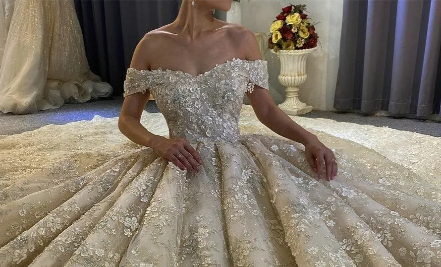 Off The Shoulder Flowers Wedding Dress