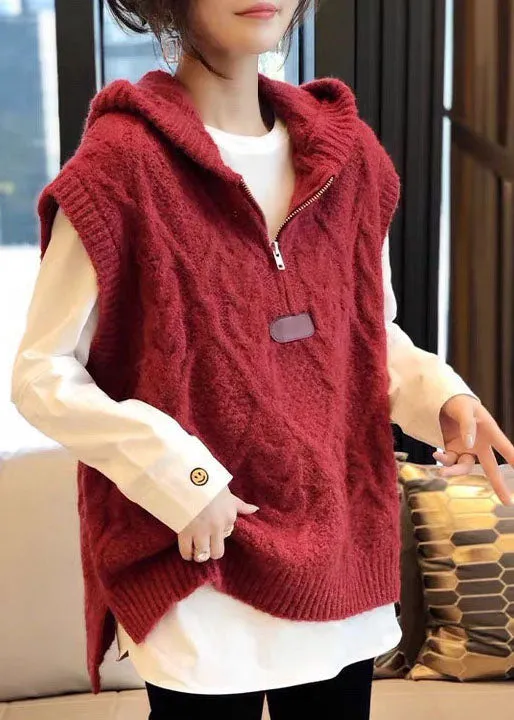 Organic Red hooded zippered Cute Fall Knit Vest