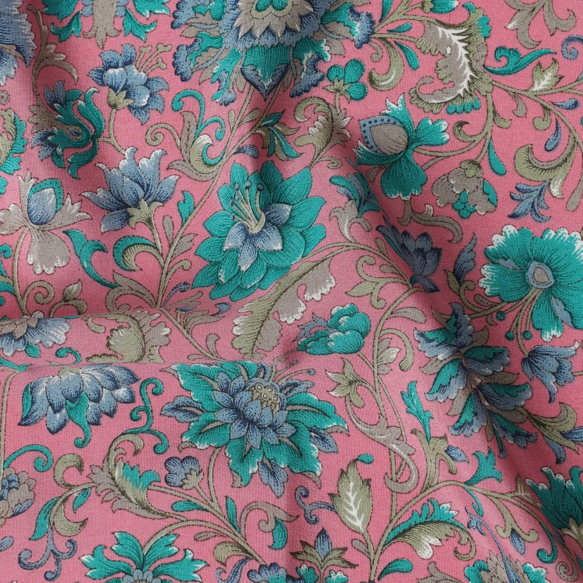 Pale pink Premium pure silk crepe fabric with multicolor print in floral design-D17189