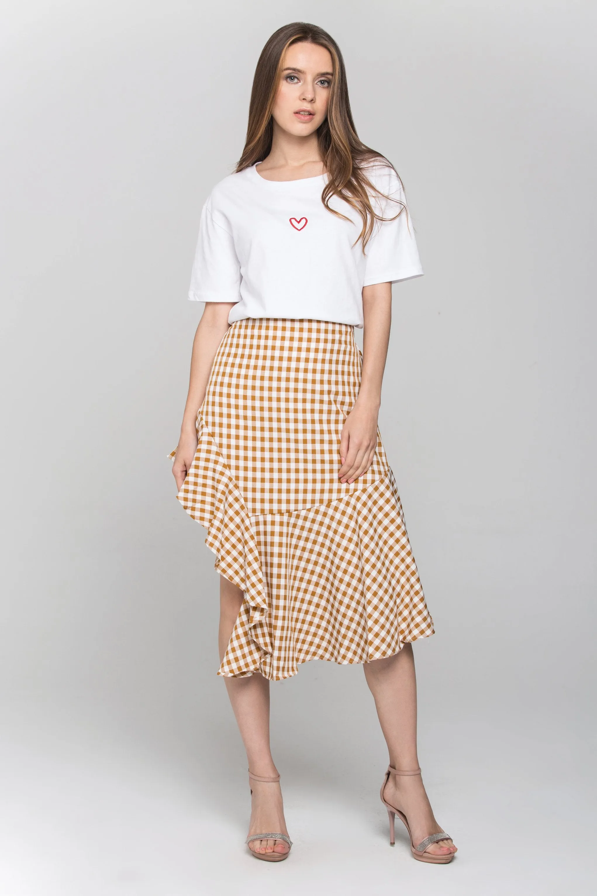 Peach Gingham Ruffle Hem Midi Skirt