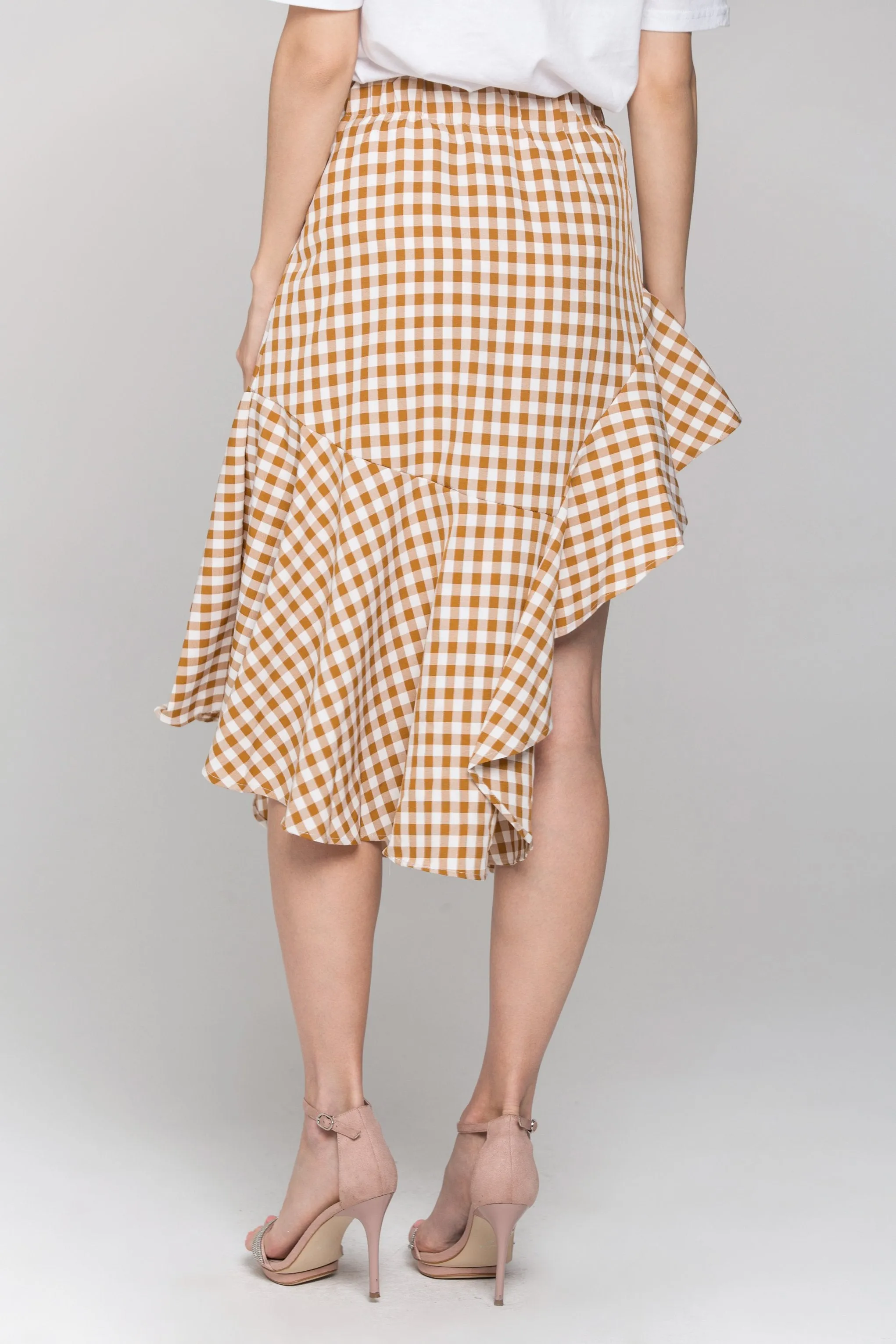 Peach Gingham Ruffle Hem Midi Skirt