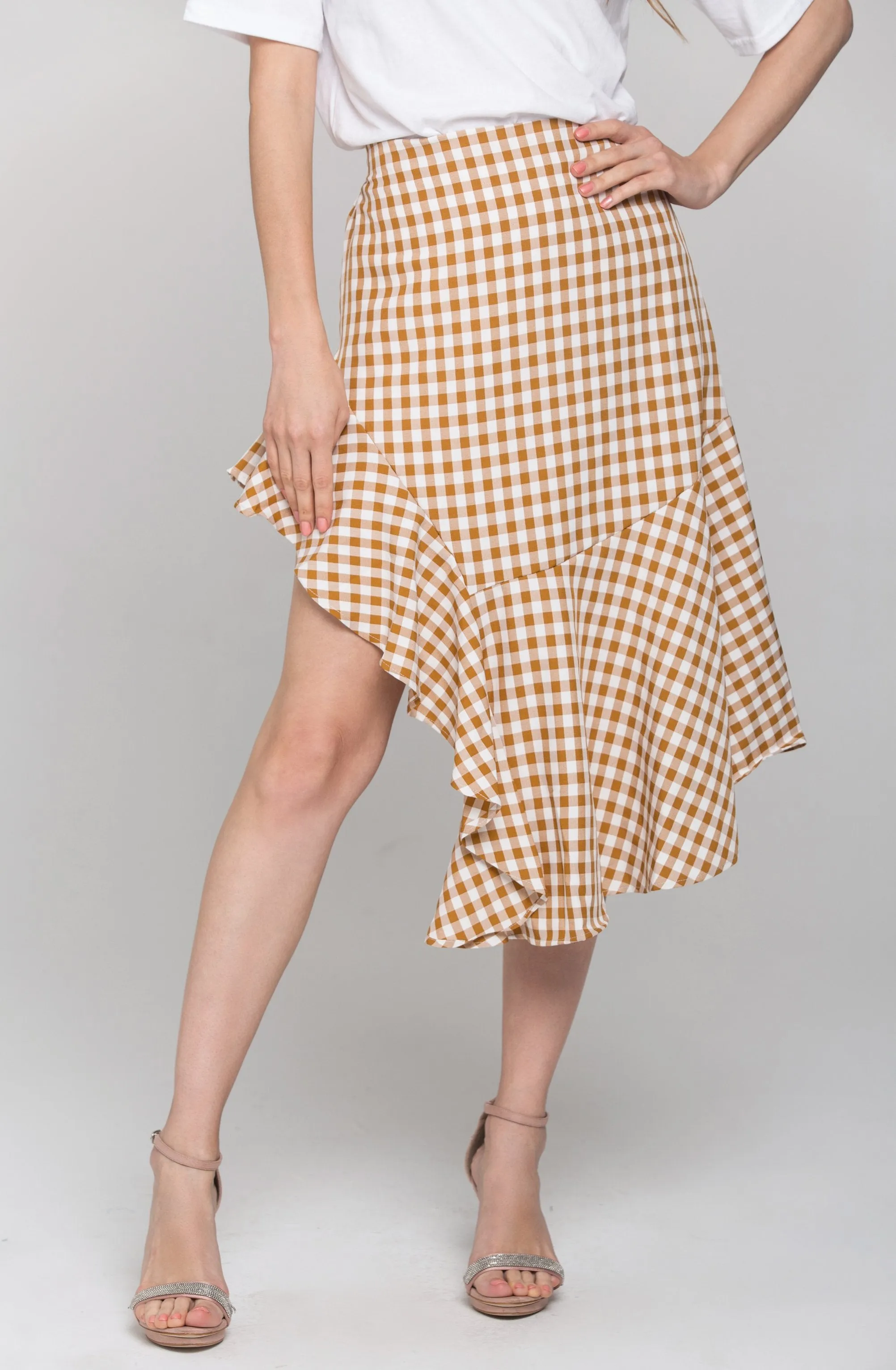 Peach Gingham Ruffle Hem Midi Skirt