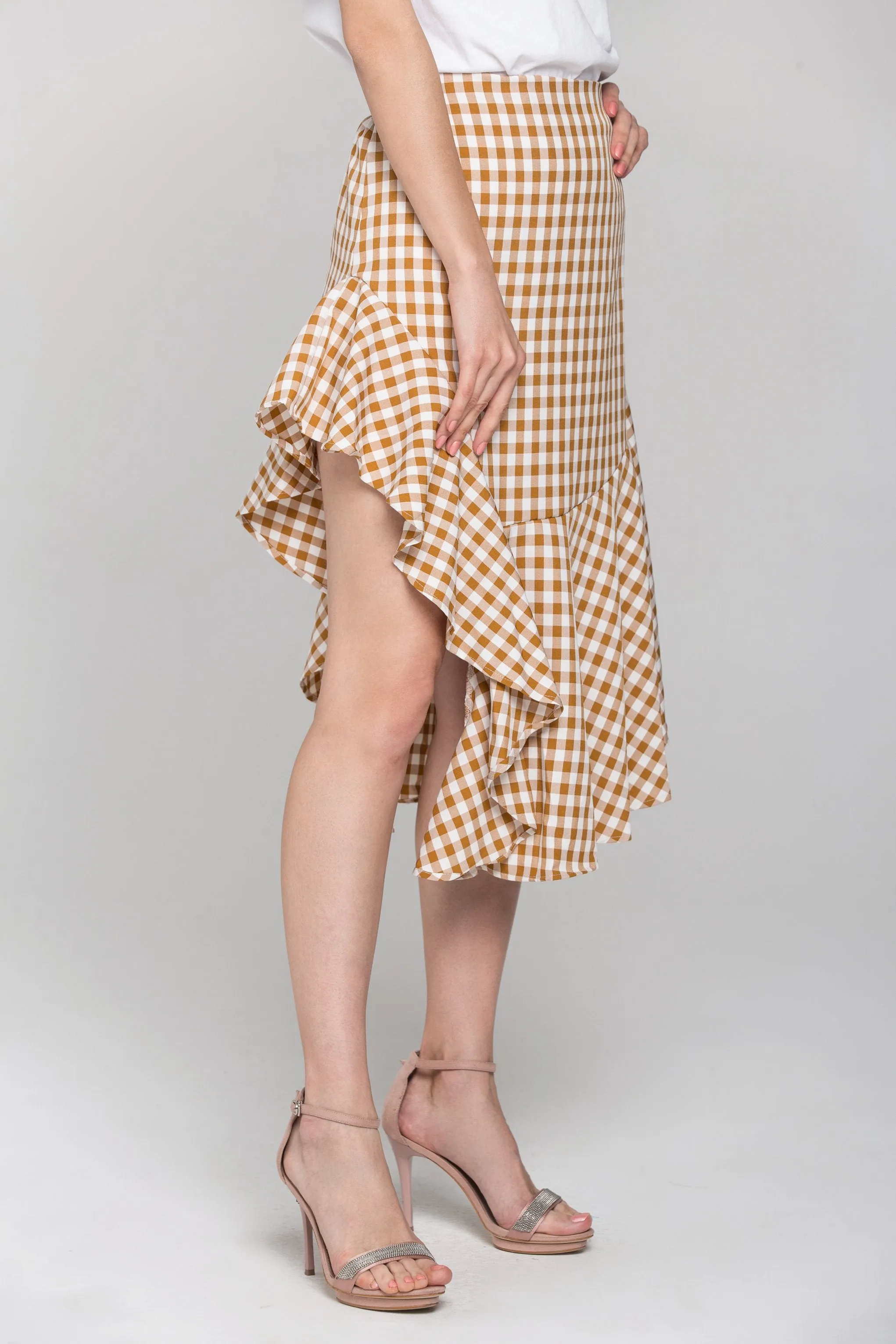 Peach Gingham Ruffle Hem Midi Skirt