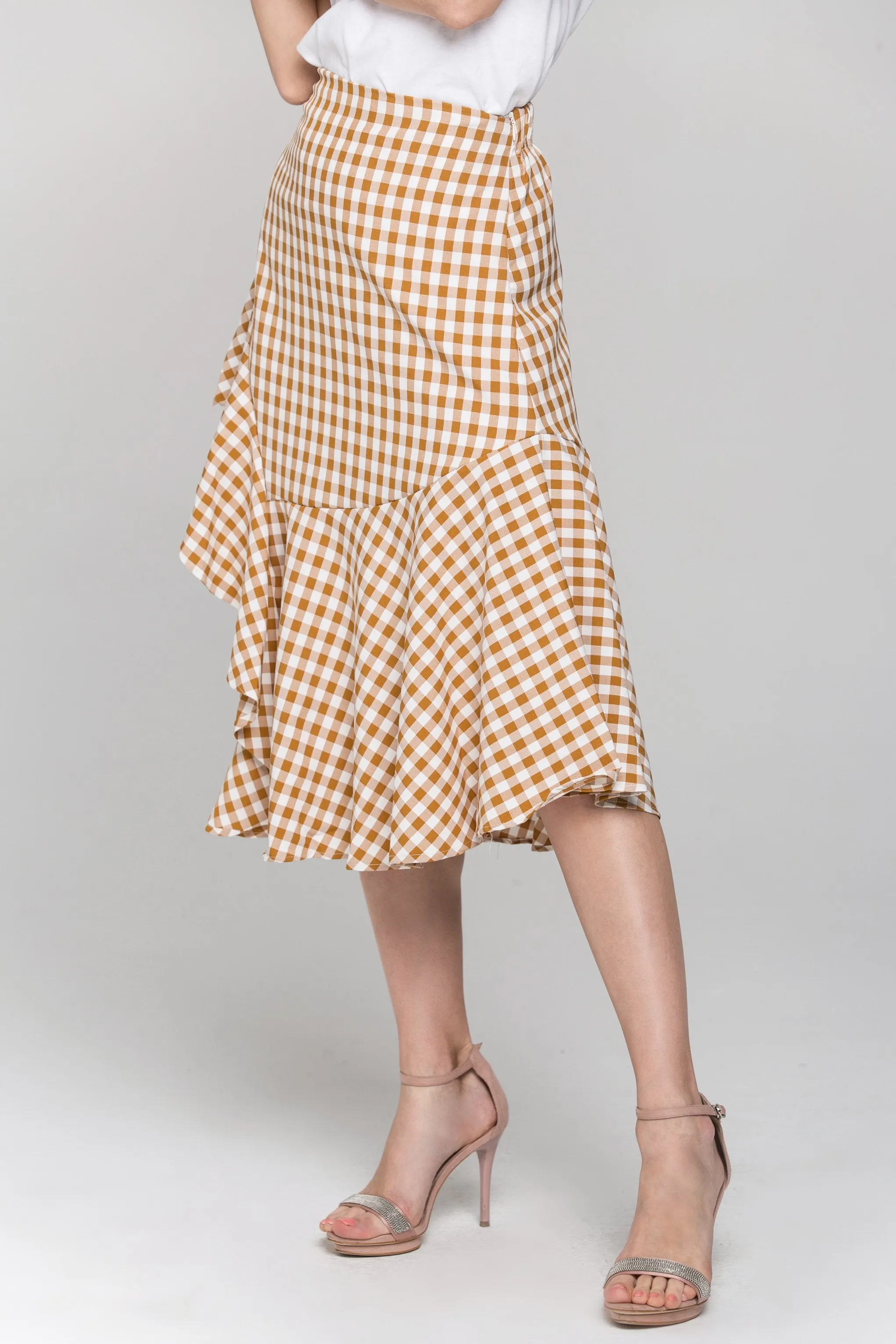 Peach Gingham Ruffle Hem Midi Skirt