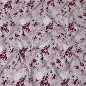 Periwinkle purple viscose crepe fabric with same tone, baby pink and black print in floral design-D13818