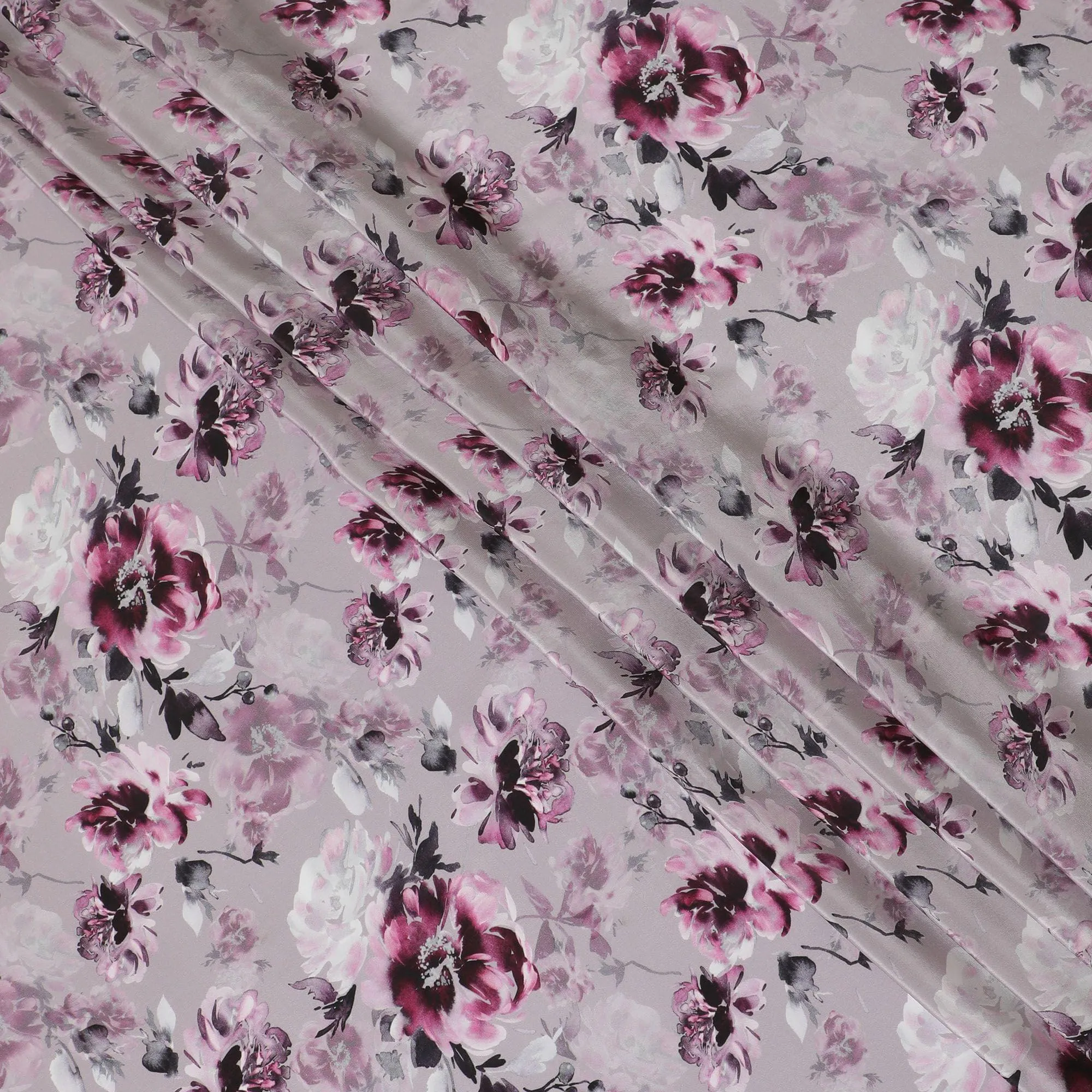 Periwinkle purple viscose crepe fabric with same tone, baby pink and black print in floral design-D13818