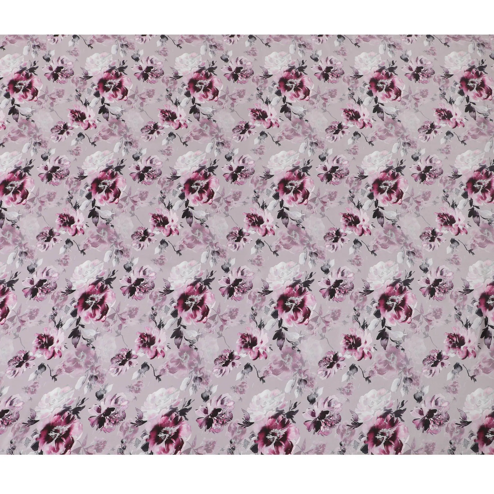 Periwinkle purple viscose crepe fabric with same tone, baby pink and black print in floral design-D13818