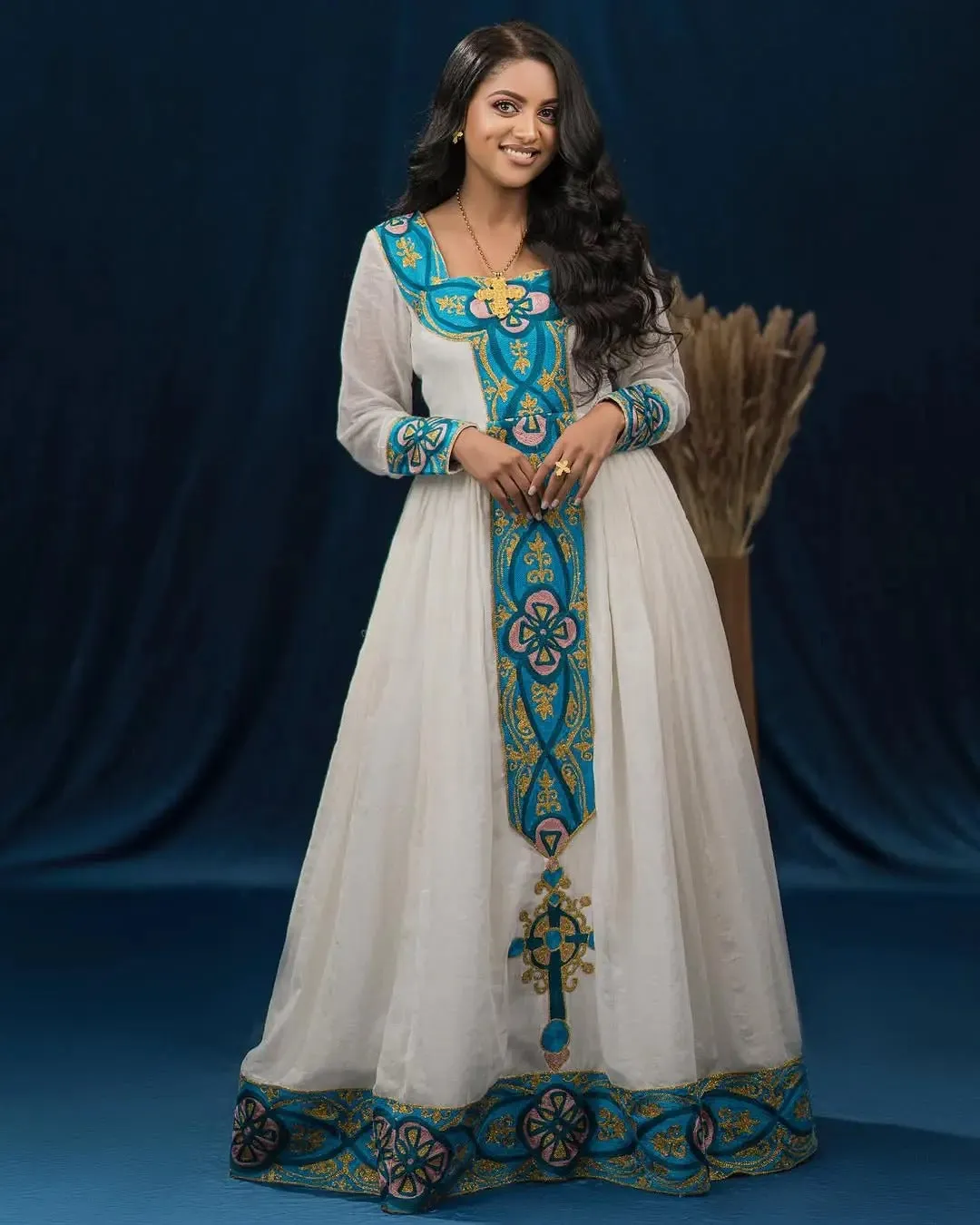 Phenomenal Green Patterned Habesha Dress: with Multicolored Ornaments Traditional Ethiopia Dress Glamourous Habesha Kemis