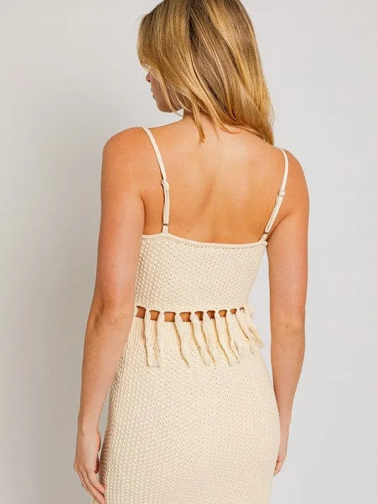 Playful Touch Tassel Detail Boho Sweater Crop Top with Spaghetti Straps