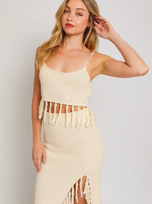 Playful Touch Tassel Detail Boho Sweater Crop Top with Spaghetti Straps