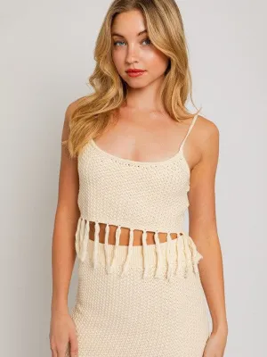 Playful Touch Tassel Detail Boho Sweater Crop Top with Spaghetti Straps