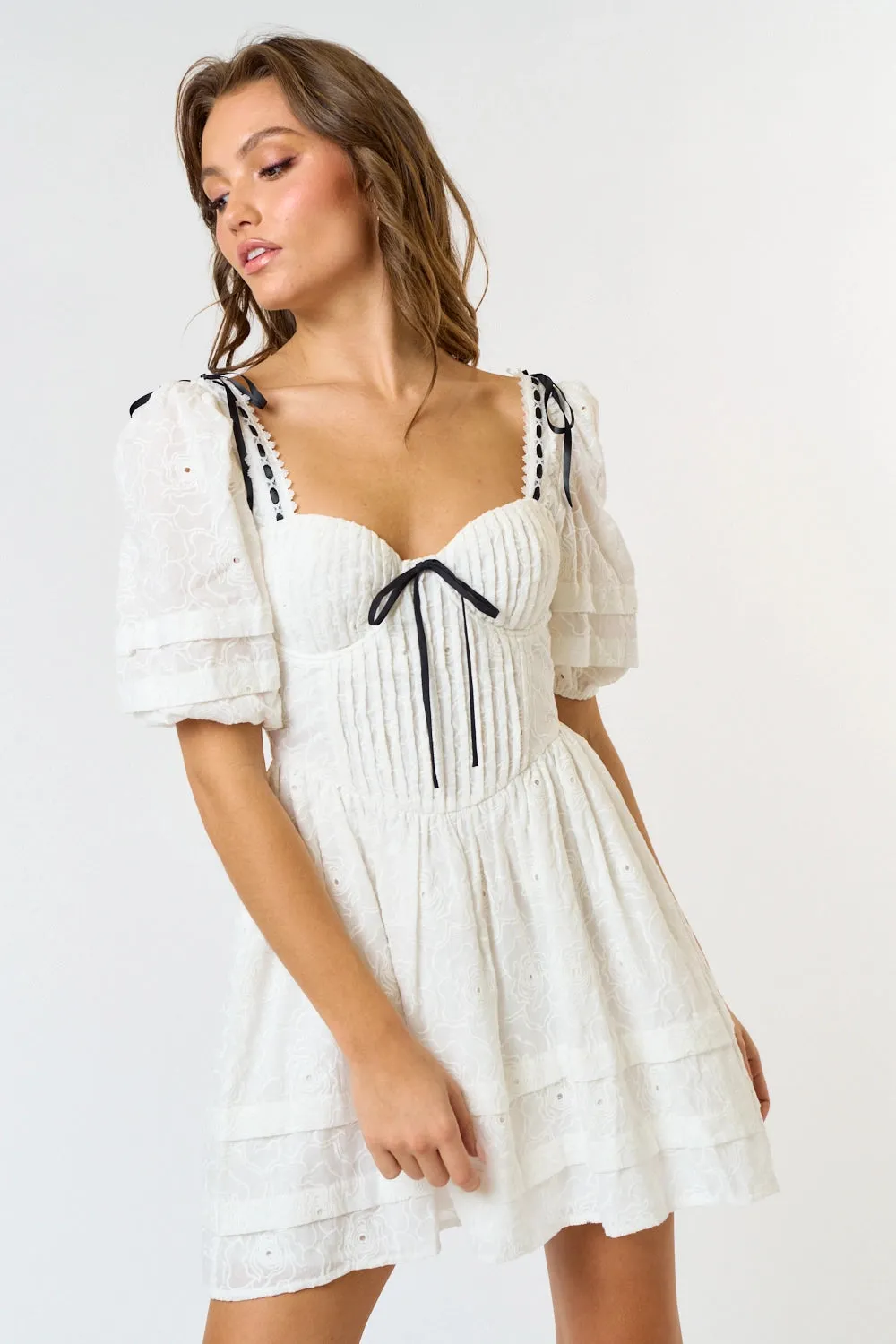 Puff Sleeve Bow Detail Babydoll Dress