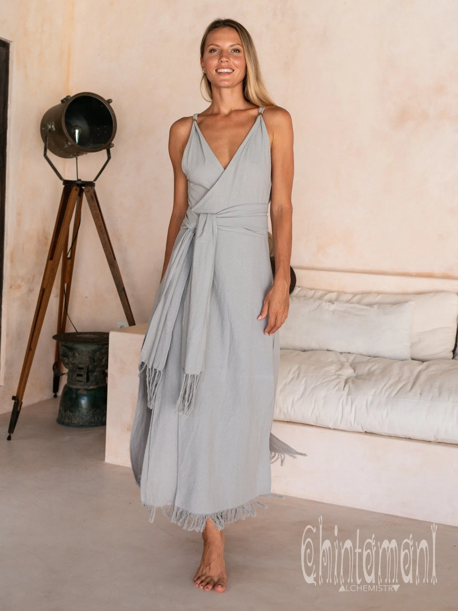 Raw Cotton Sleeveless Wrap Dress / Gray