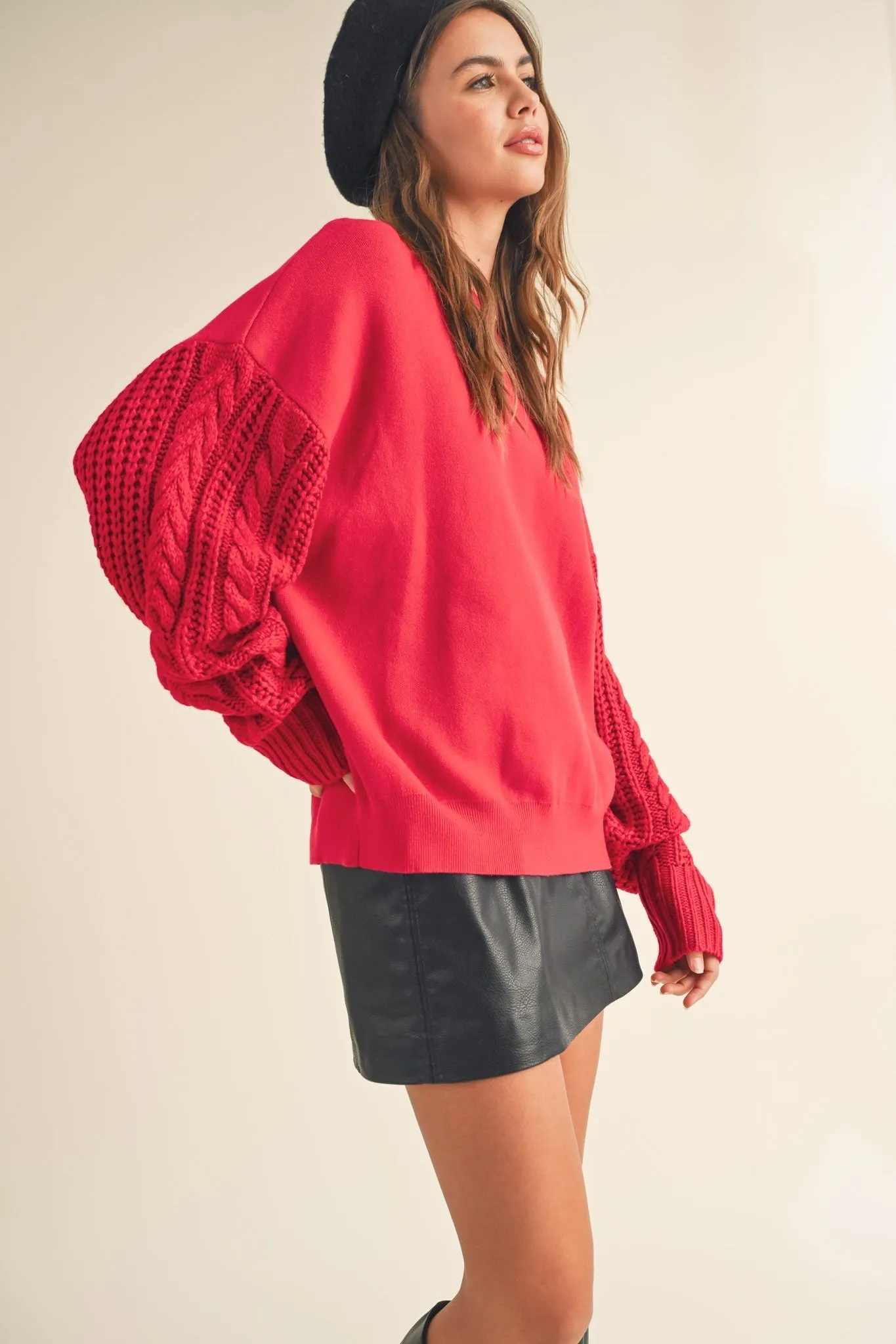 Red Cable knit sleeve Pullover