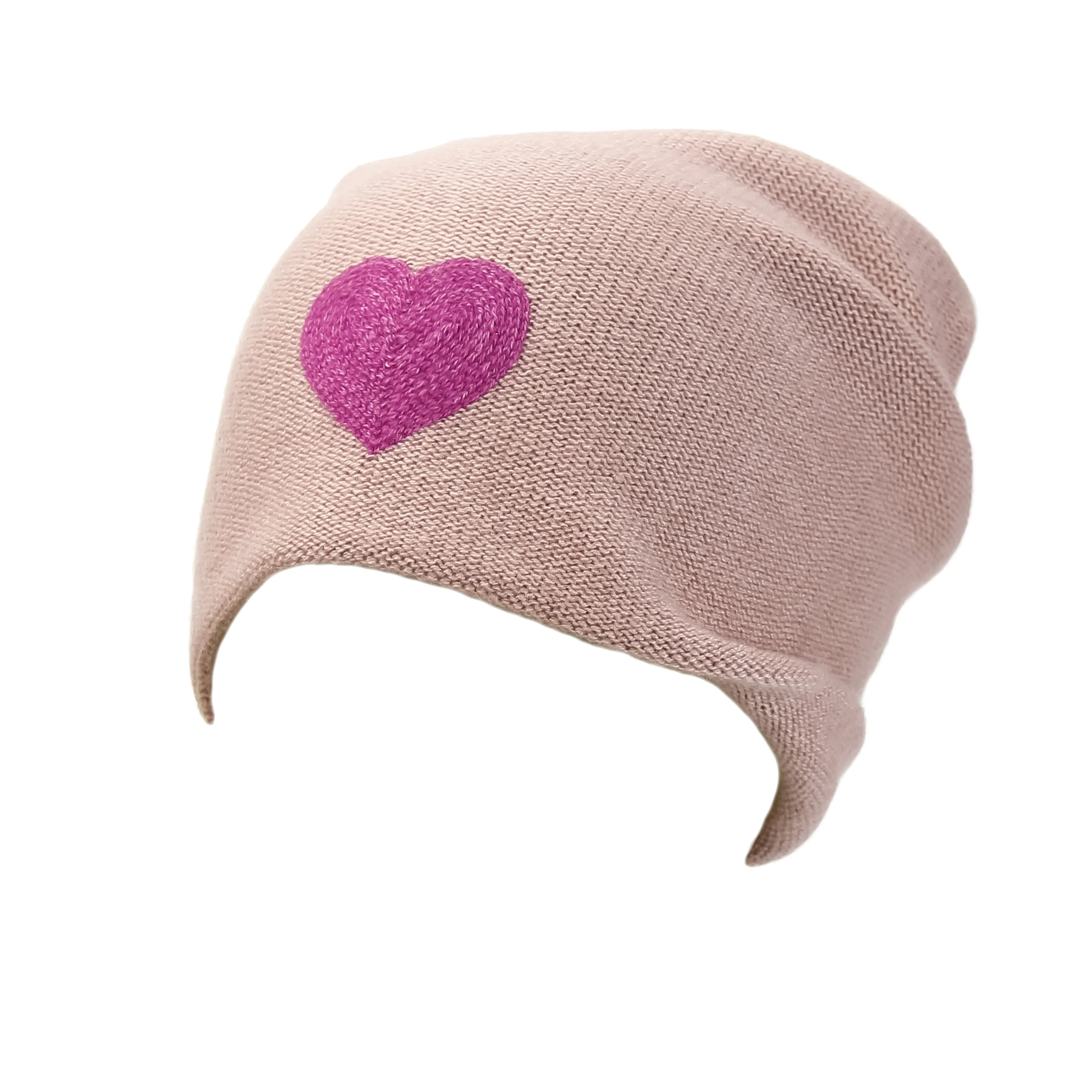 Reversible Slouchy Rose Cashmere Hat with Pink Heart