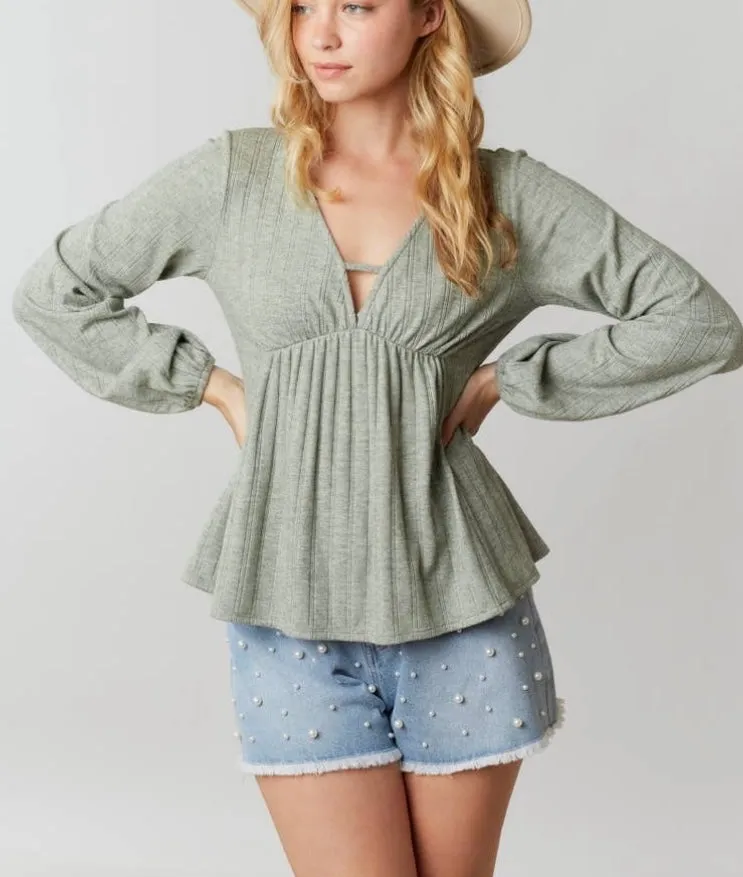 Sage Ribbed Babydoll Top