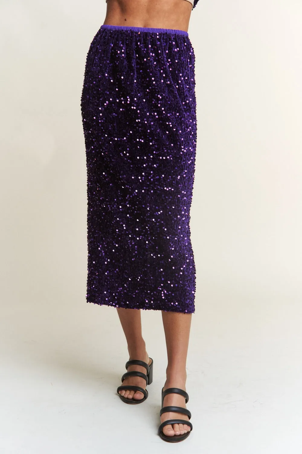 Sequin Back Slit Midi Skirt