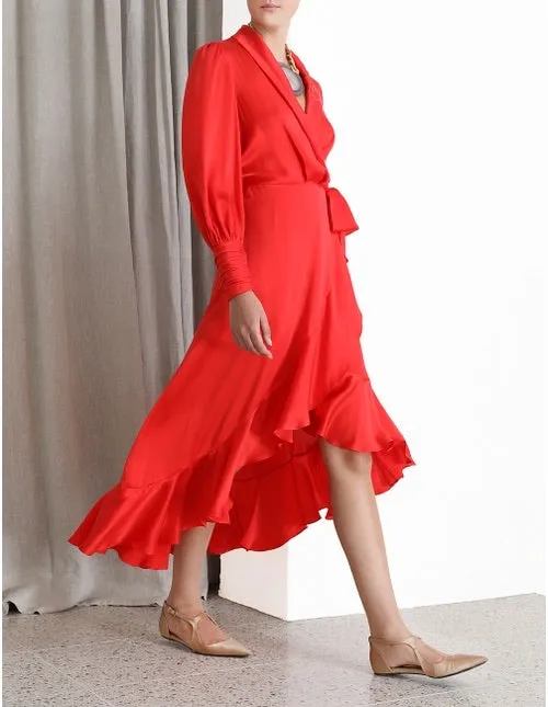 Silk Wrap Dress Midi (Red)