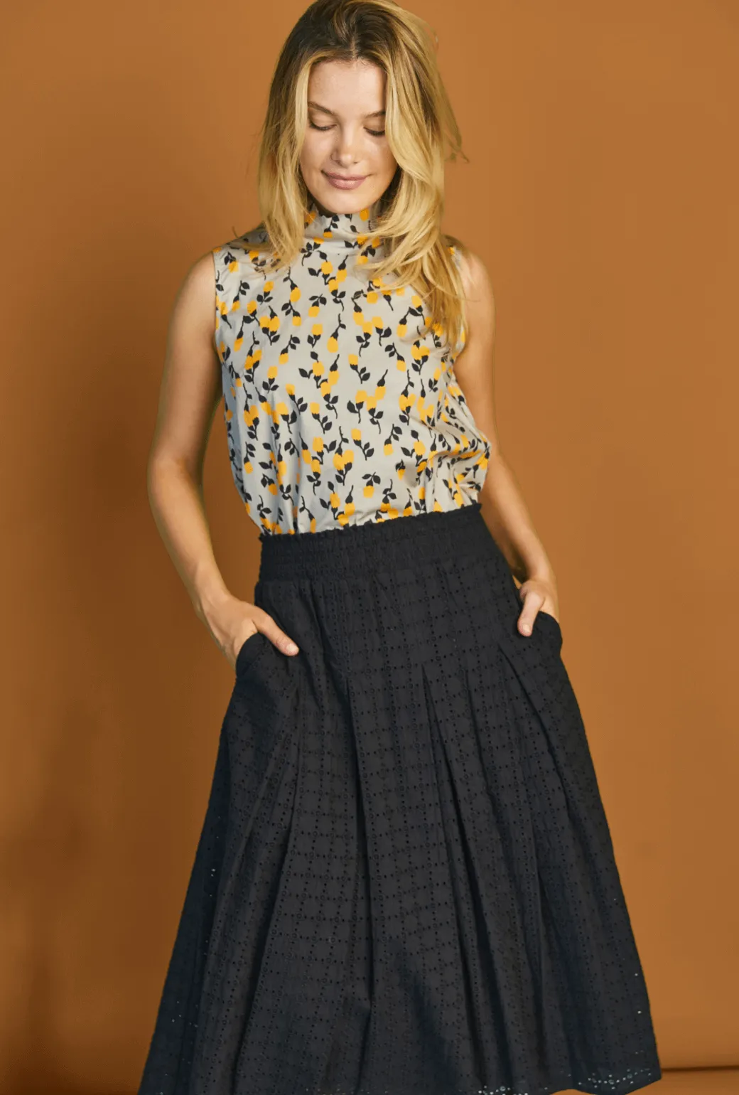 Smocked Waist MIDI Skirt - Black Eyelet