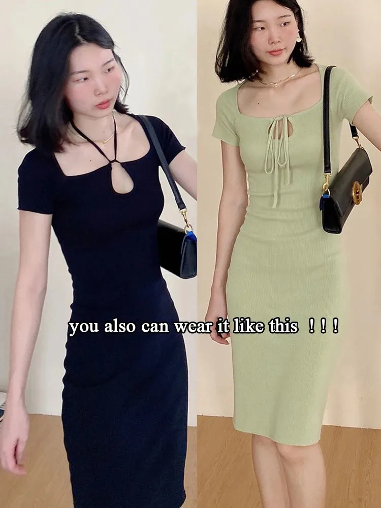 Summer New Street Style Solid Color All-Match Halter Neck Short-Sleeved Dresses Women Elastic Tight Bodycon Maxi Dresses C-001