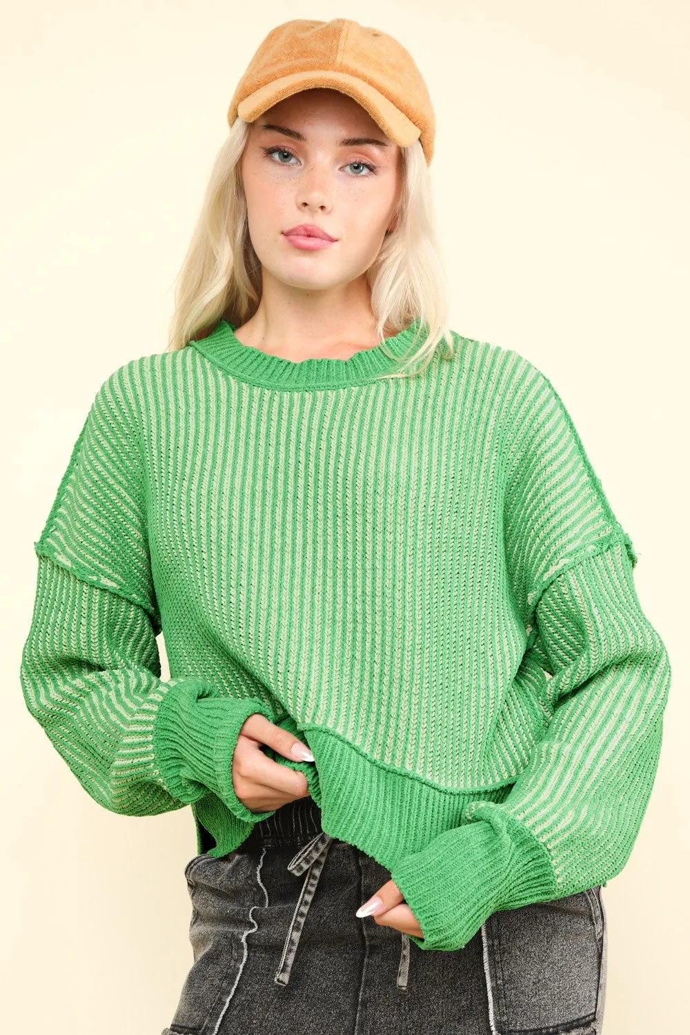 VERY J Exposed Seam Cropped Striped Slit Sweater