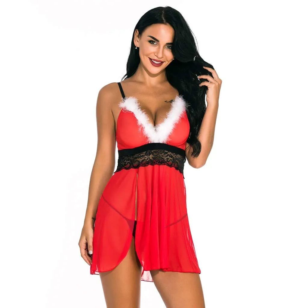 Wanshop® Women Christmas Lingerie Set 2PC Temptation Underwear Lingerie Skirt   Bra   Mini Dress Ladies Sexy Lace Soft Pajamas Set