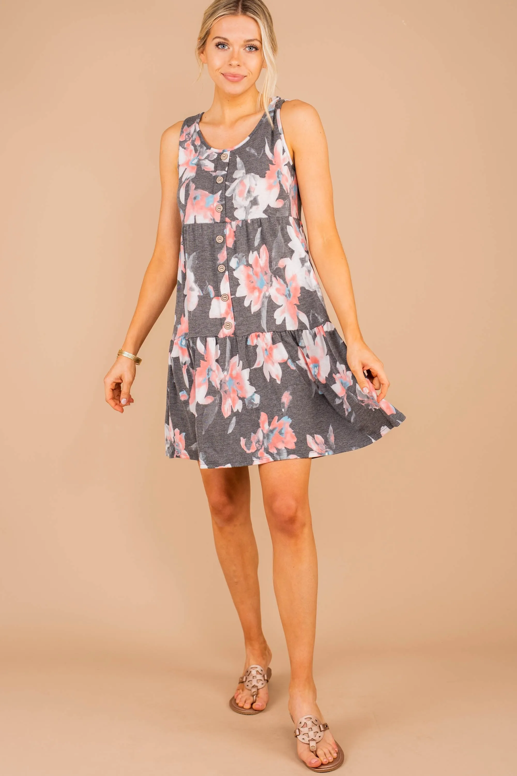 What A Lovely Life Charcoal Gray Floral Dress