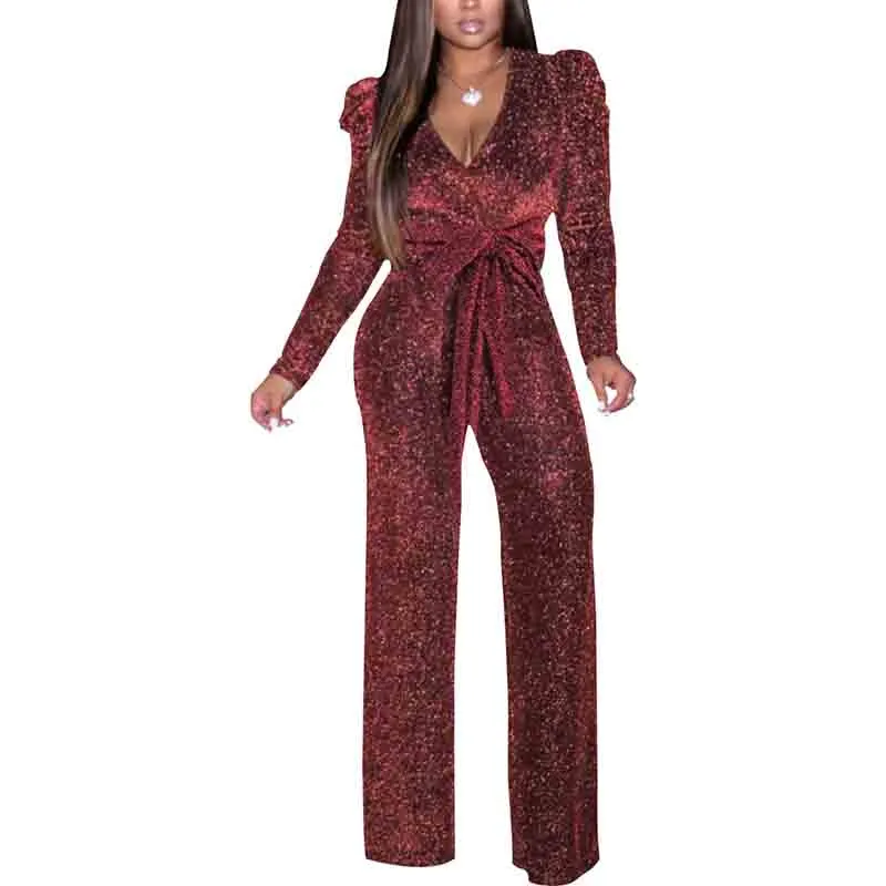 Women Sparkly Jumpsuits Long Sleeve Onesie Loose Pants Party One Piece