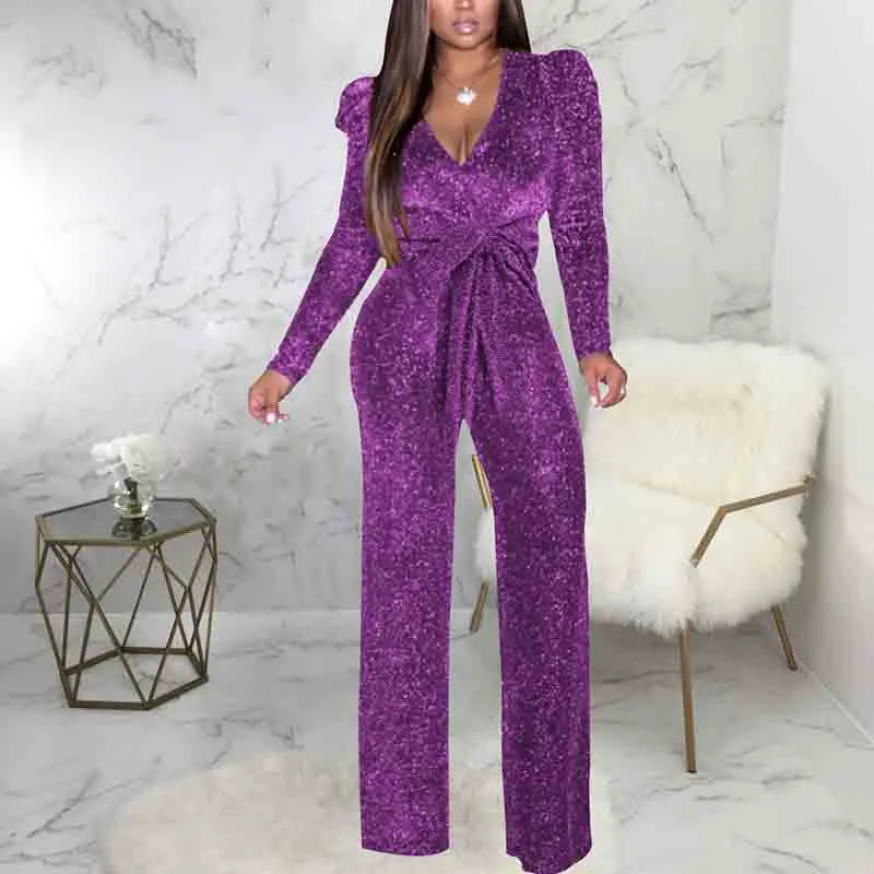 Women Sparkly Jumpsuits Long Sleeve Onesie Loose Pants Party One Piece