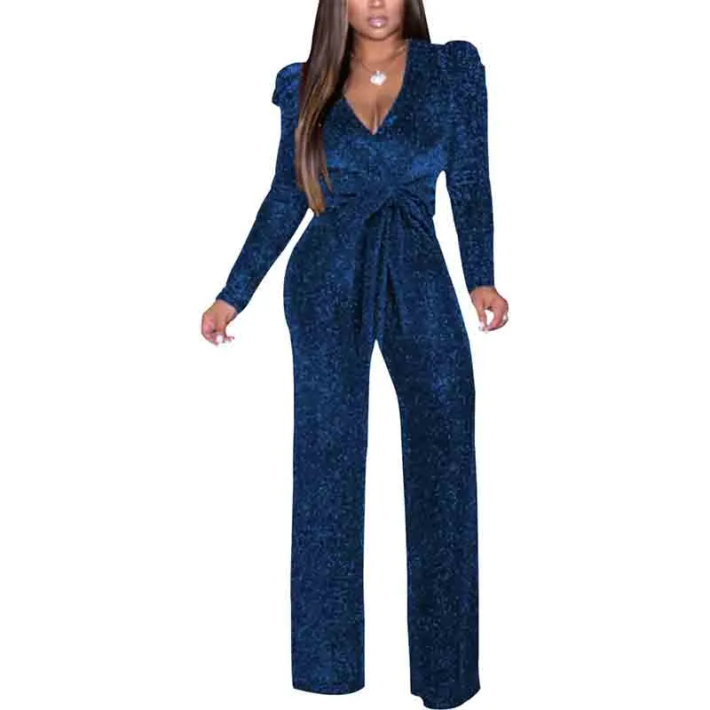 Women Sparkly Jumpsuits Long Sleeve Onesie Loose Pants Party One Piece