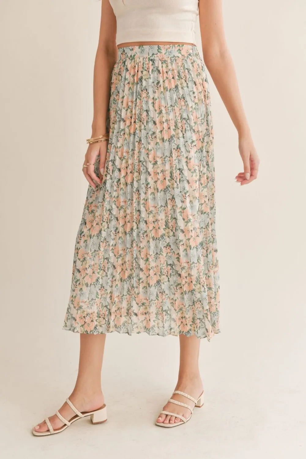 Women's Floral Swiss Dot Pleated Midi Skirt | Blue Multi